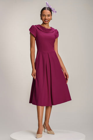 Roll Neck Petal Sleeve Midi Dress, Magenta