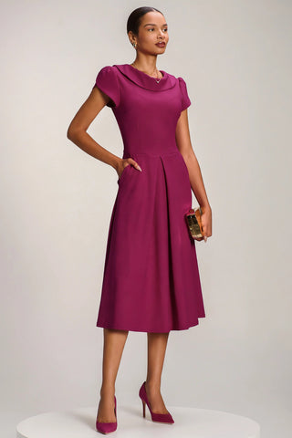Roll Neck Petal Sleeve Midi Dress, Magenta