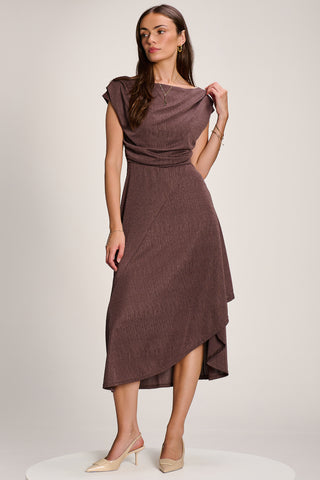 Asymmmetric Draped Midi Dress, Brown