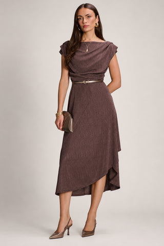 Asymmmetric Draped Midi Dress, Brown