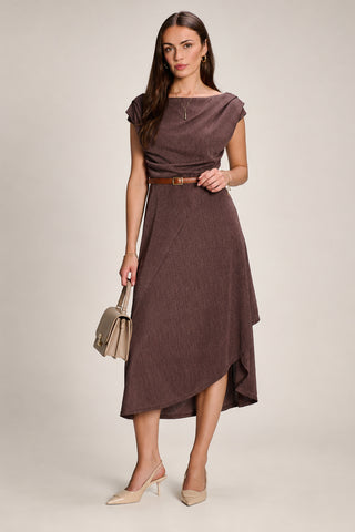 Asymmmetric Draped Midi Dress, Brown