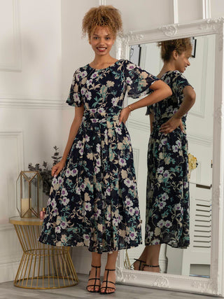Nadine Floral Print Chiffon Dress, Navy