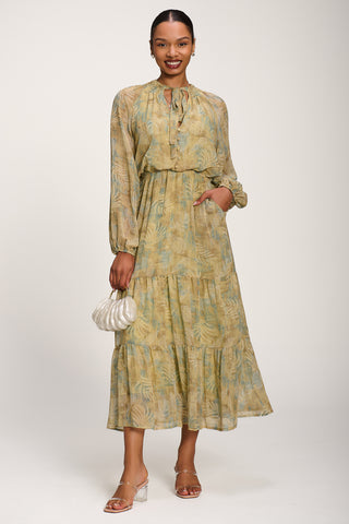 Chiffon Tie Neckline Midaxi Dress, Green Abstract