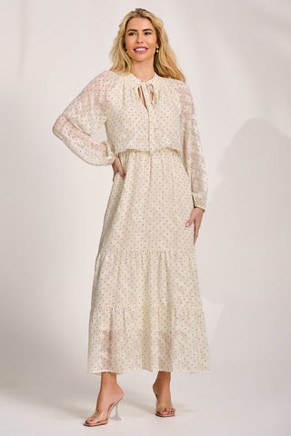 Textured Chiffon Long Sleeve Maxi Dress, Cream Spot