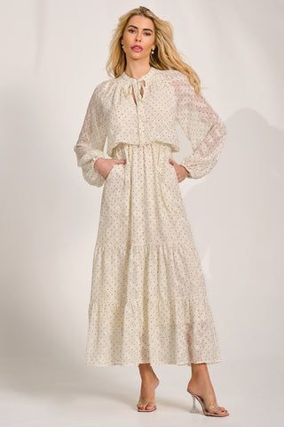Textured Chiffon Long Sleeve Maxi Dress, Cream Spot