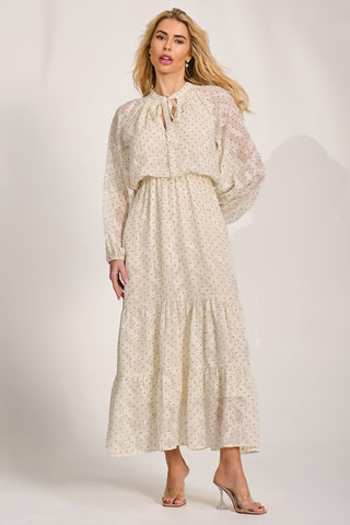 Textured Chiffon Long Sleeve Maxi Dress, Cream Spot