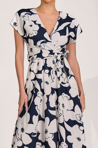 V Neck Print Scuba Midi Dress, Navy Floral