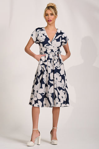 V Neck Print Scuba Midi Dress, Navy Floral