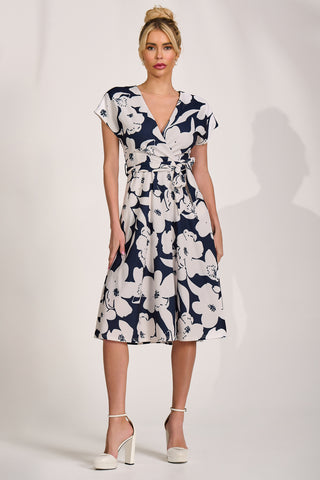 V Neck Print Scuba Midi Dress, Navy Floral