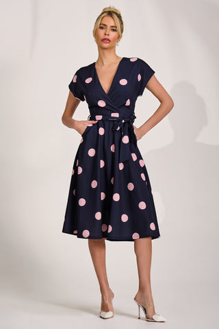V Neck Print Scuba Midi Dress, Navy Spot