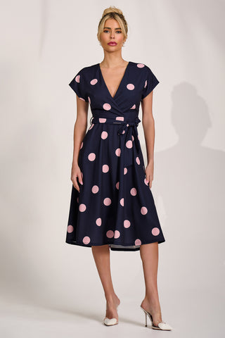 V Neck Print Scuba Midi Dress, Navy Spot