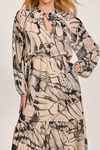 Chiffon Long Sleeve Tiered Maxi Dress, Beige Pattern