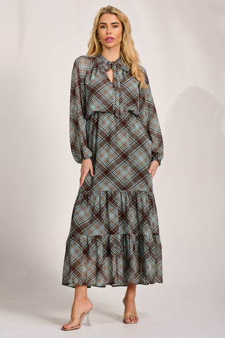 Chiffon Long Sleeve Tiered Maxi Dress, Brown Check