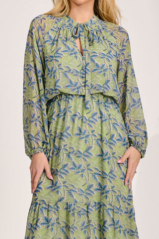 Chiffon Long Sleeve Tiered Maxi Dress, Green Multi