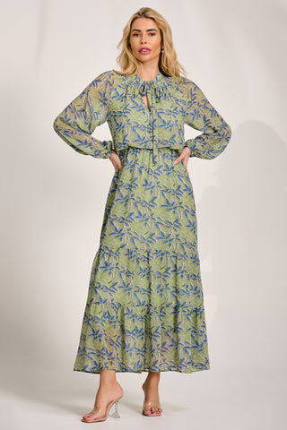 Chiffon Long Sleeve Tiered Maxi Dress, Green Multi