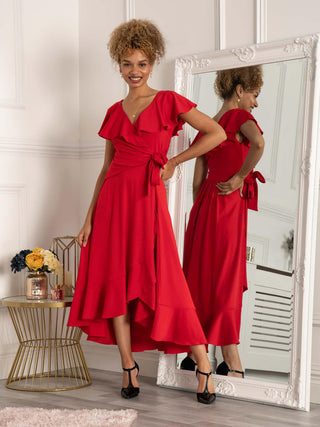 Priya Frill Dipped Hem Dress, Red Jolie Moi Wholesale Priya Frill Dipped Hem Dress, Red Jolie Moi Wholesale