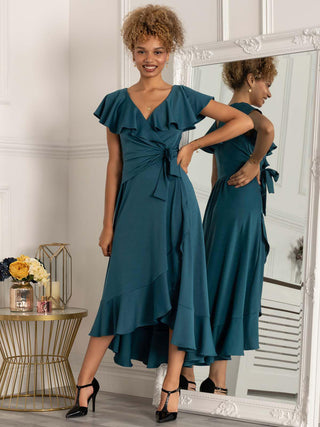 Priya Frill Dipped Hem Dress, Teal Jolie Moi Wholesale Priya Frill Dipped Hem Dress, Teal Jolie Moi Wholesale