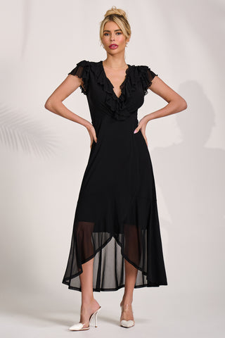 Ruffled Mesh Maxi Dress, Black