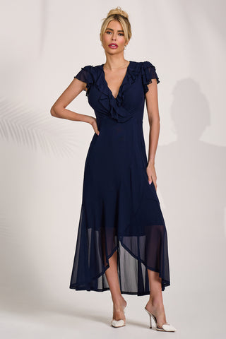 Ruffled Mesh Maxi Dress, Navy