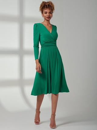 Plain Long Sleeve Jersey Midi Dress, Green