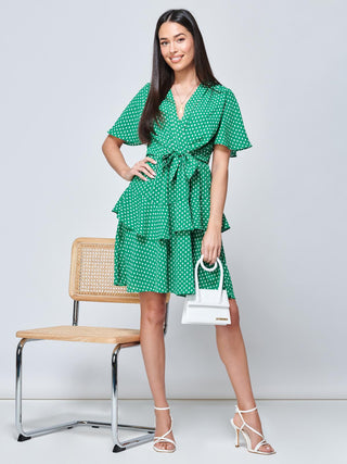 Priscila Tie Waist Woven Mini Dress, Green Ditsy