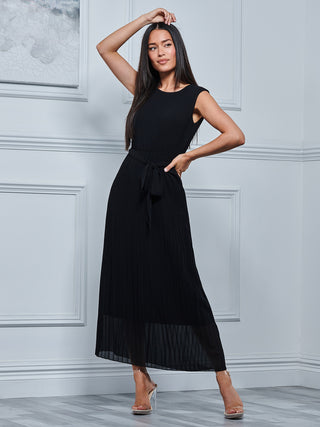 Pleated Chiffon Sleeveless Maxi Dress, Black