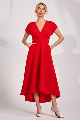Printed Scuba Dipped Hem Maxi Dress, Red