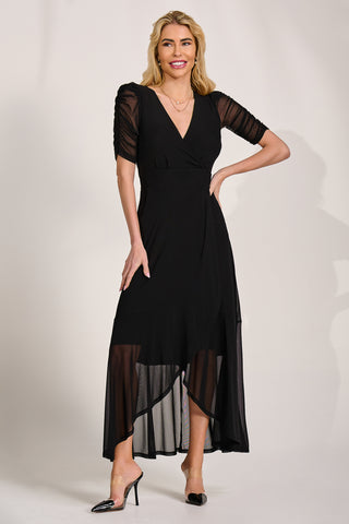 Ruched Sleeve Mesh Maxi Dress, Black