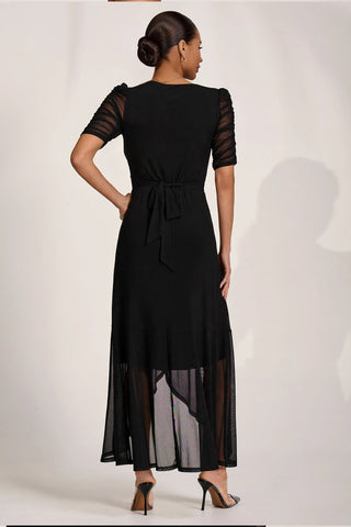 Ruched Sleeve Mesh Maxi Dress, Black