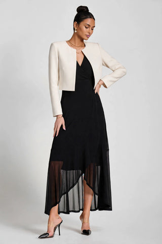Ruched Sleeve Mesh Maxi Dress, Black