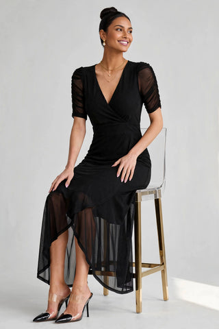 Ruched Sleeve Mesh Maxi Dress, Black