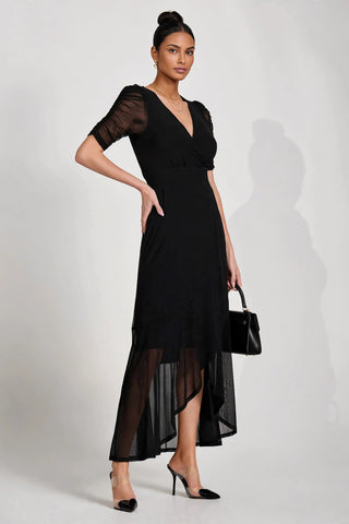 Ruched Sleeve Mesh Maxi Dress, Black