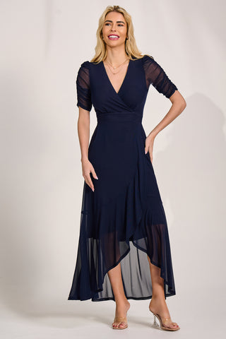 Ruched Sleeve Mesh Maxi Dress, Navy