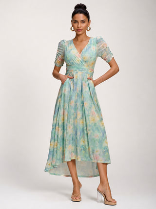 Petite Mesh Print Dip Hem Maxi Dress, Green Multi