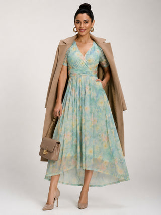 Petite Mesh Print Dip Hem Maxi Dress, Green Multi