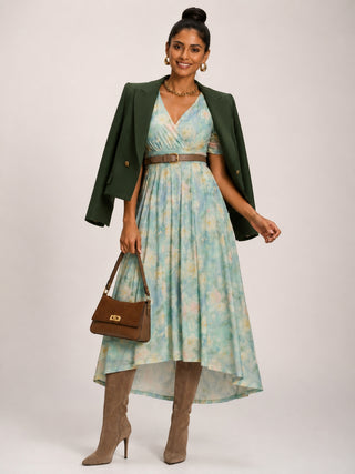 Petite Mesh Print Dip Hem Maxi Dress, Green Multi