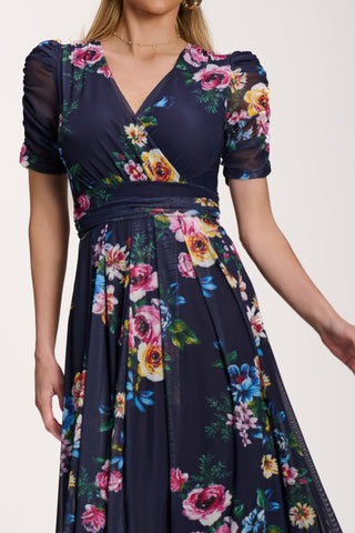Petite Mesh Print Dip Hem Maxi Dress, Navy Floral