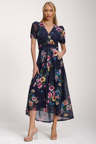 Petite Mesh Print Dip Hem Maxi Dress, Navy Floral