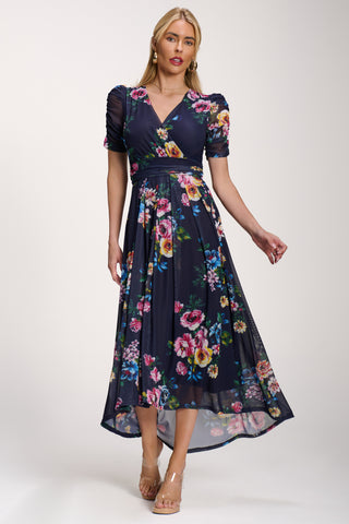 Petite Mesh Print Dip Hem Maxi Dress, Navy Floral