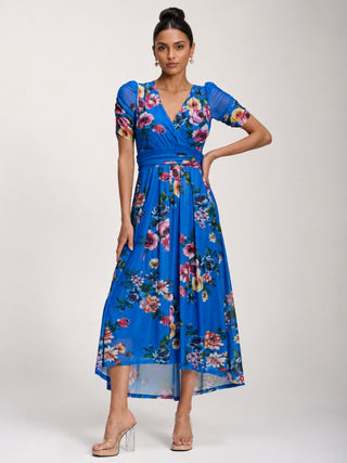 Petite Mesh Print Dip Hem Maxi Dress, Royal Blue Floral