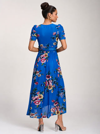 Petite Mesh Print Dip Hem Maxi Dress, Royal Blue Floral