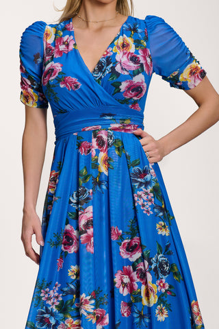 Petite Mesh Print Dip Hem Maxi Dress, Royal Blue Floral