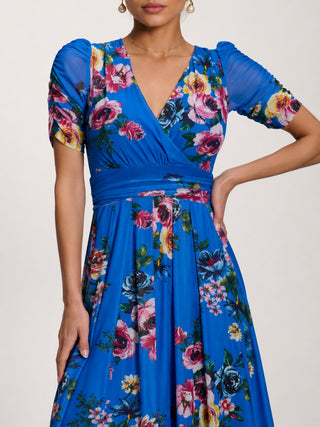 Petite Mesh Print Dip Hem Maxi Dress, Royal Blue Floral