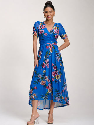 Petite Mesh Print Dip Hem Maxi Dress, Royal Blue Floral