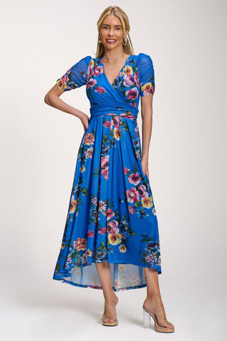 Petite Mesh Print Dip Hem Maxi Dress, Royal Blue Floral