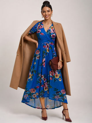 Petite Mesh Print Dip Hem Maxi Dress, Royal Blue Floral