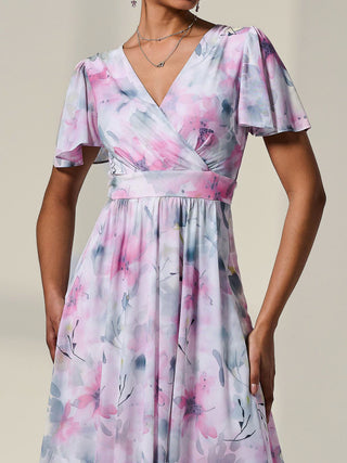 Petite Mesh Short Sleeve Wrap Midaxi Dress, Pink Multi