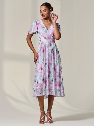 Petite Mesh Short Sleeve Wrap Midaxi Dress, Pink Multi