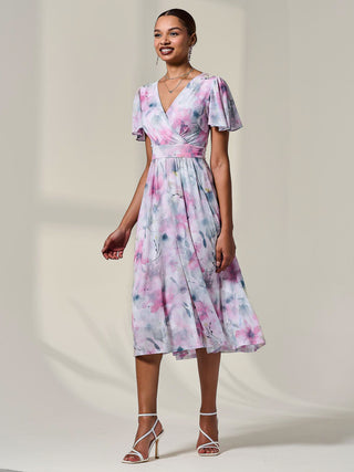 Petite Mesh Short Sleeve Wrap Midaxi Dress, Pink Multi