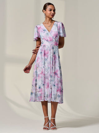 Petite Mesh Short Sleeve Wrap Midaxi Dress, Pink Multi